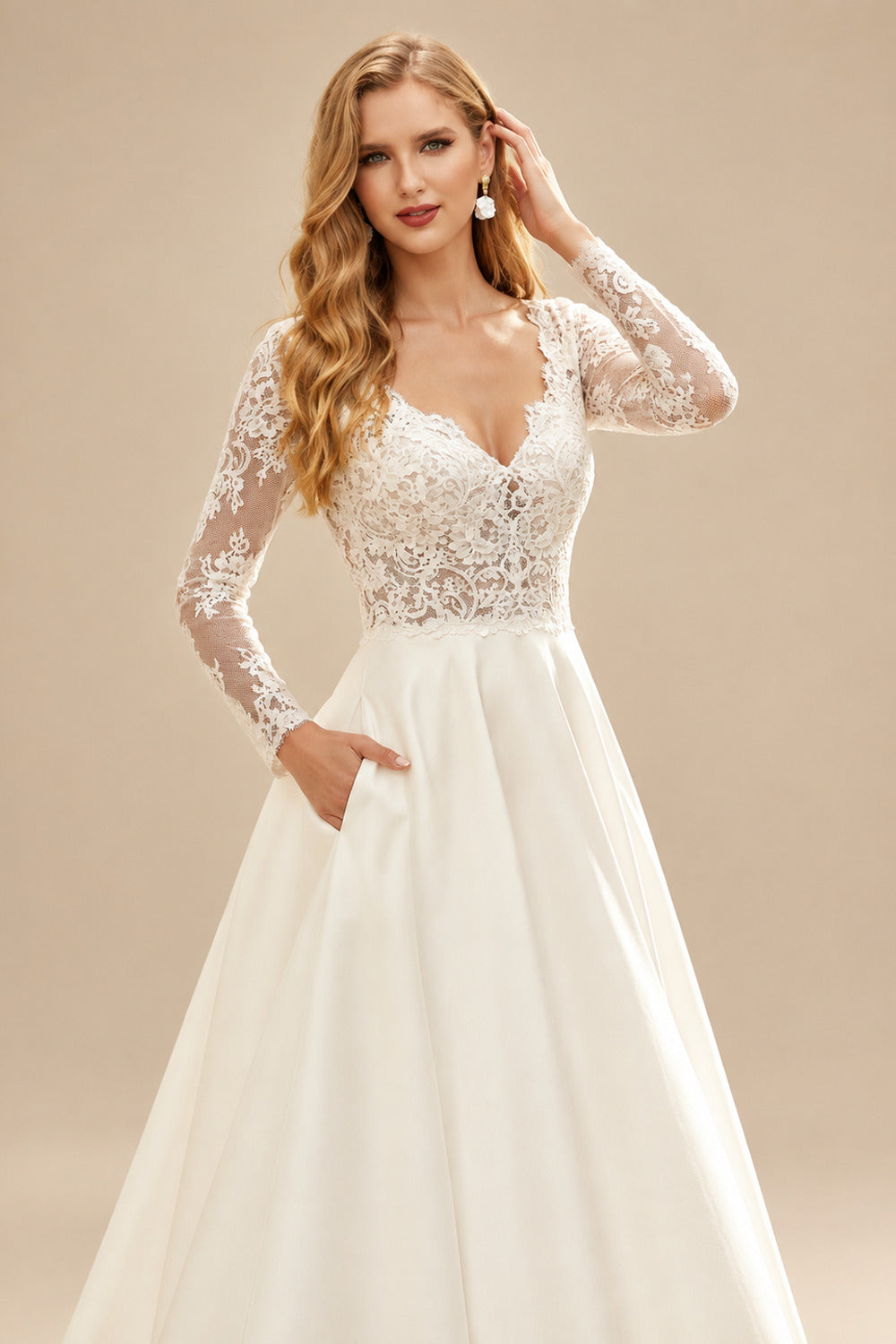 Rutipo Ivory Long Sleeves Lace Ball-Gown Wedding Dresses With Satin