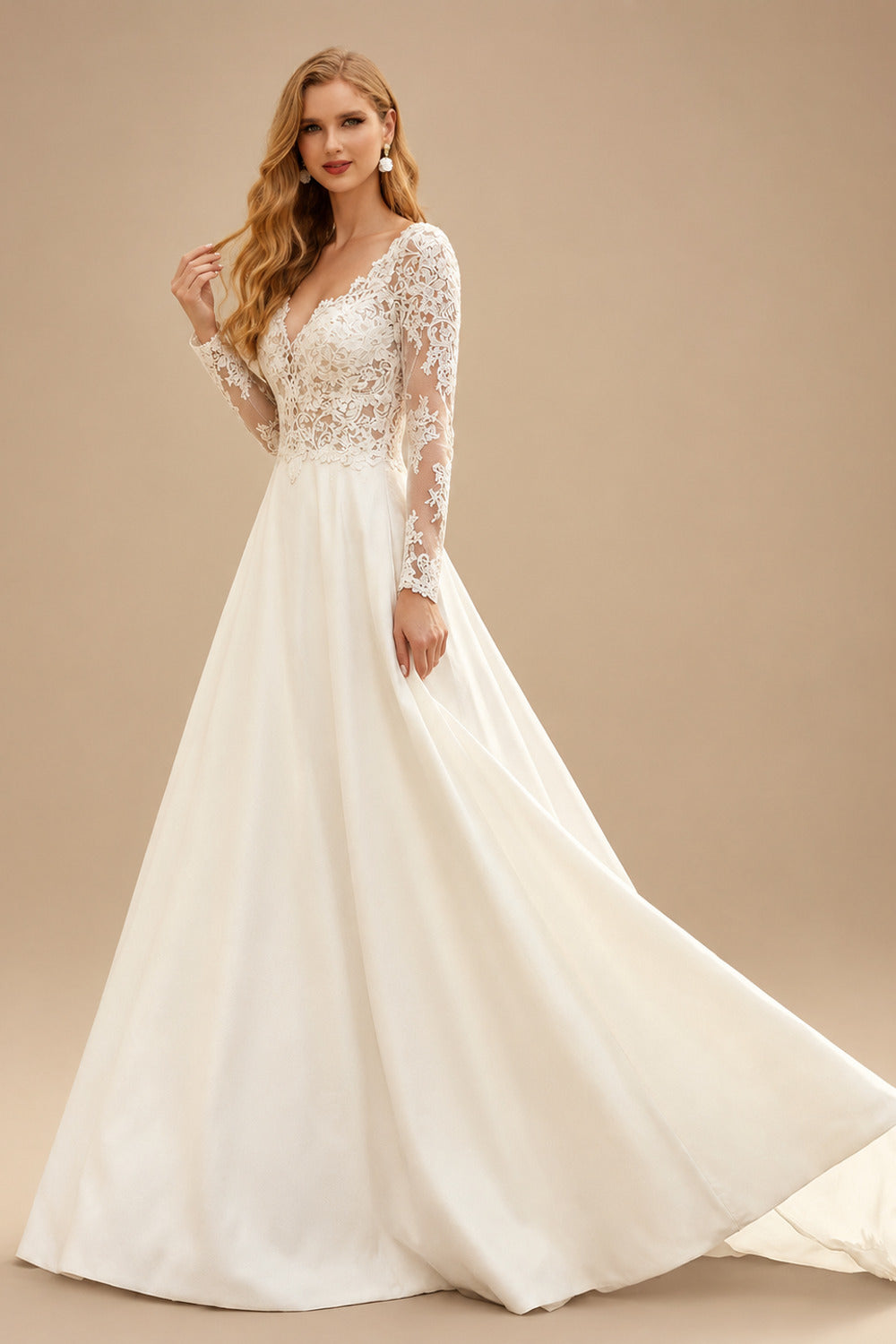 Rutipo Ivory Long Sleeves Lace Ball-Gown Wedding Dresses With Satin