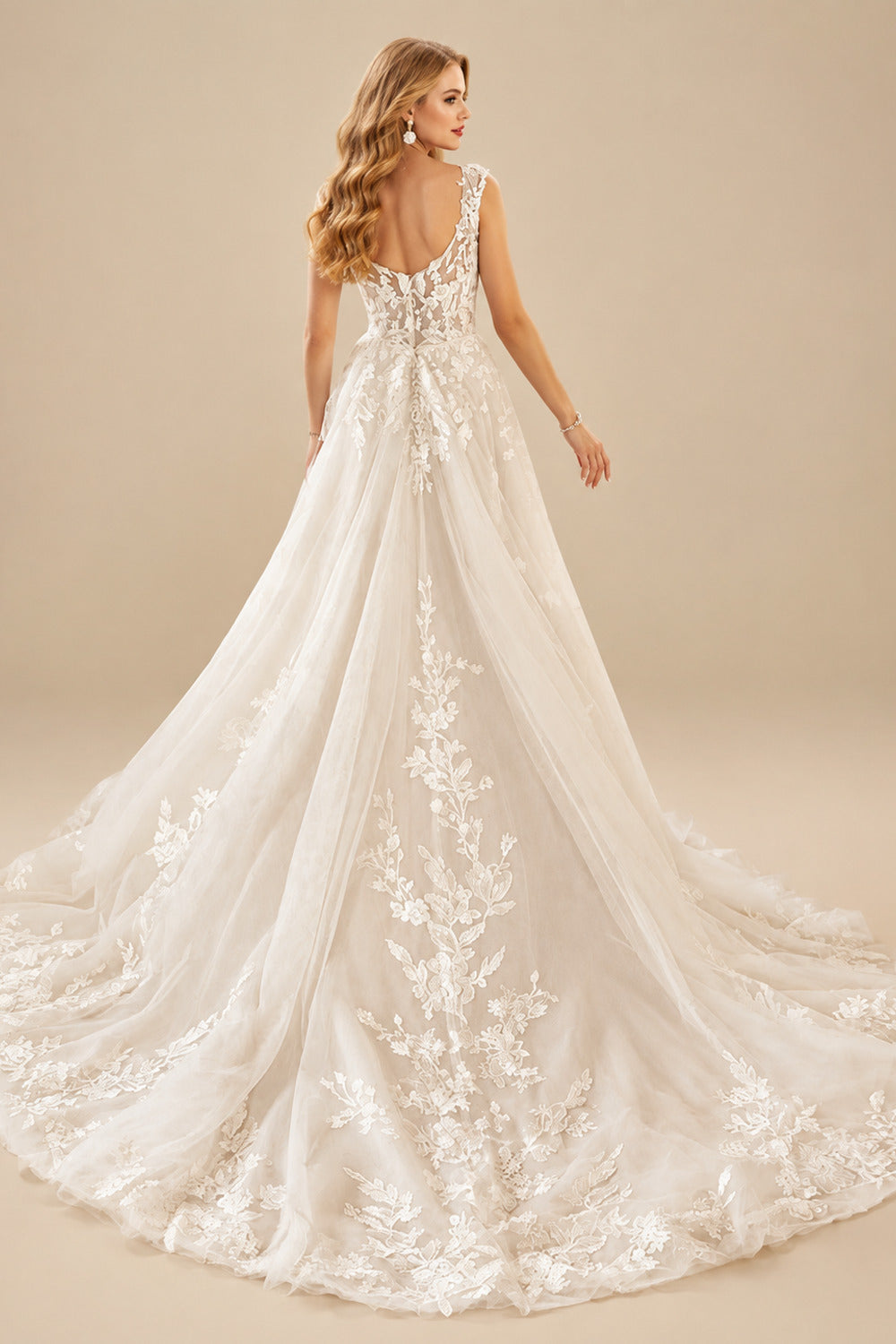 Rutipo Ivory Bohemian V-Neck Bridal Gown With Illusion Back