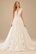 Rutipo Ivory Bohemian V-Neck Bridal Gown With Illusion Back