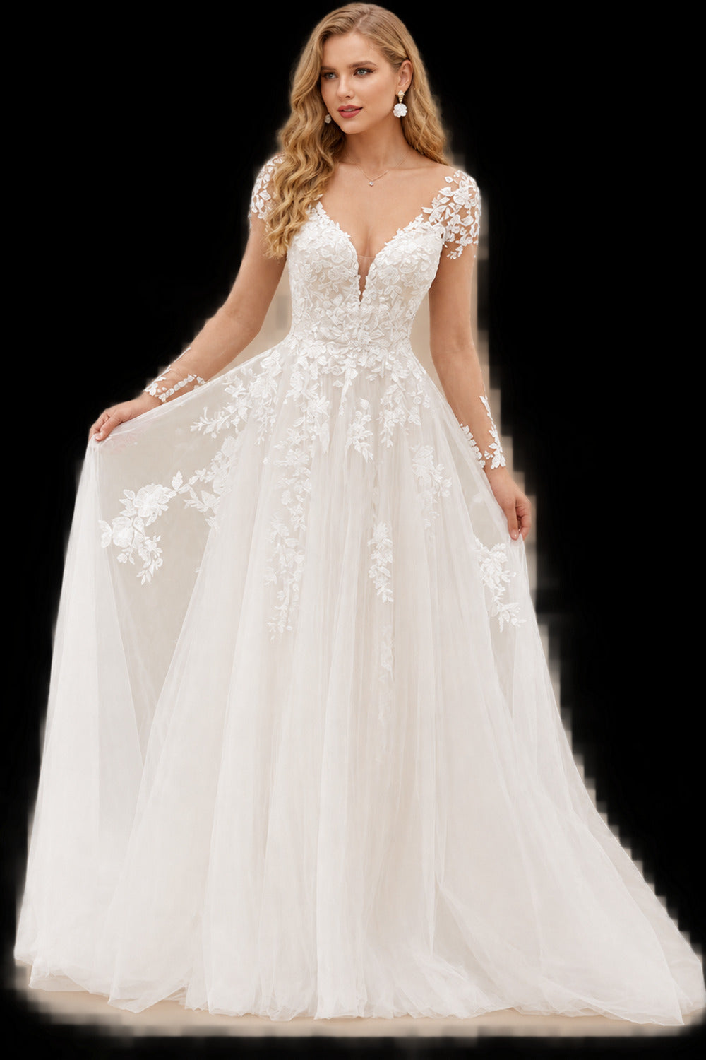 Rutipo Ivory Hole Back A-Line Wedding Dress With Illusion Long Sleeves