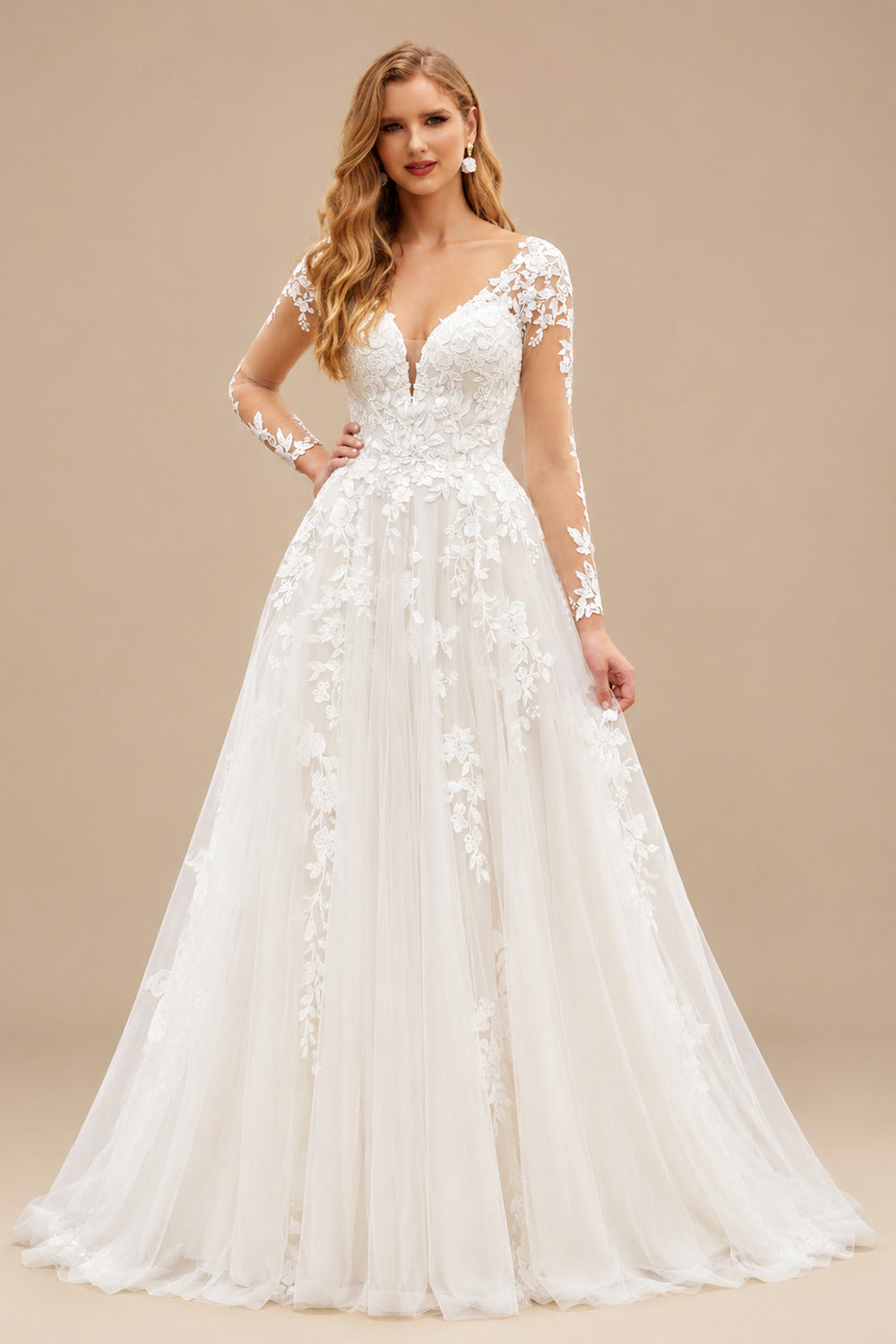 Rutipo Ivory Hole Back A-Line Wedding Dress With Illusion Long Sleeves
