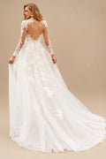 Rutipo Ivory Hole Back A-Line Wedding Dress With Illusion Long Sleeves