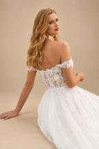 Rutipo Ivory Boho Lace Princess Off-The-Shoulder Wedding Dresses With Tulle
