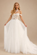 Rutipo Ivory Boho Lace Princess Off-The-Shoulder Wedding Dresses With Tulle
