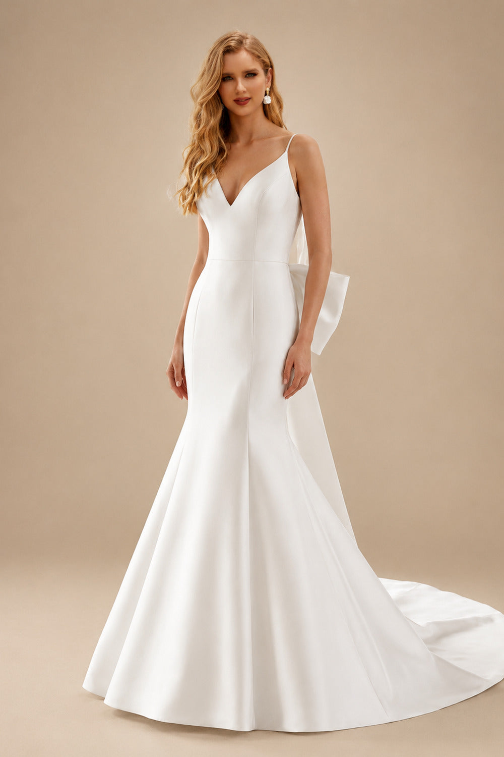 Rutipo Ivory Simple Satin Open Back Wedding Dresses With Bow