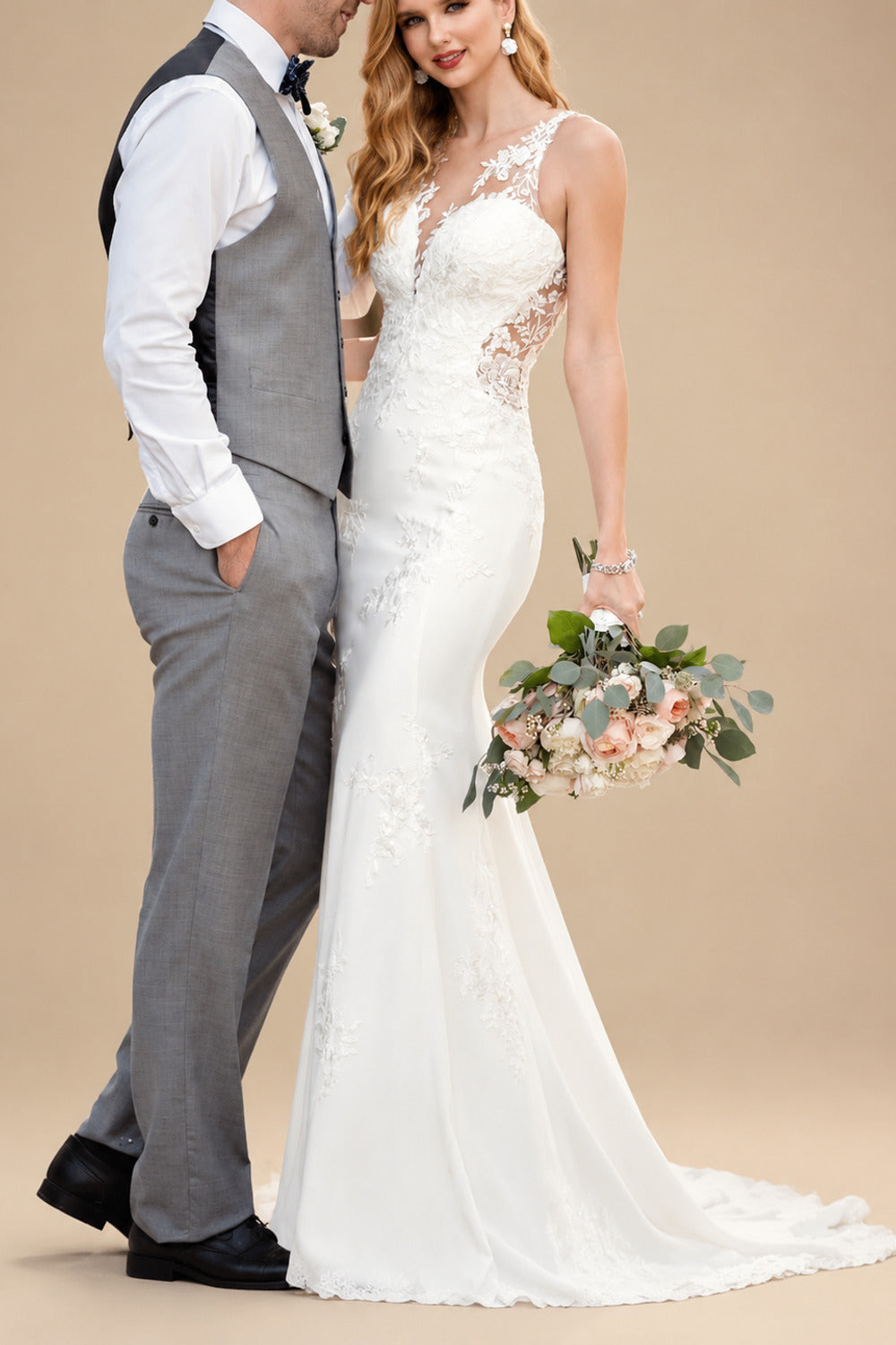 Rutipo Ivory Lace Mermaid Back Hole Wedding Dresses