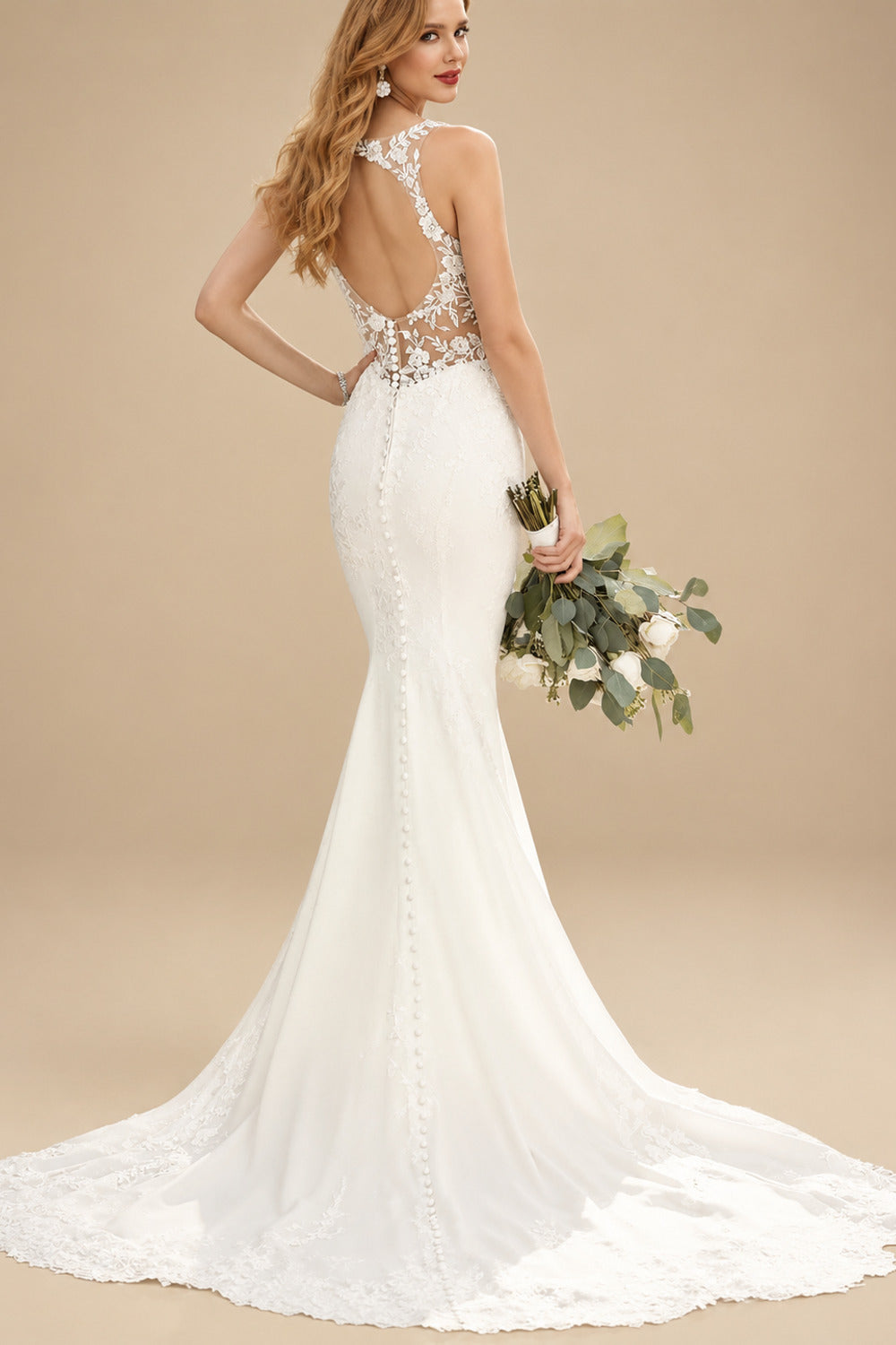 Rutipo Ivory Lace Mermaid Back Hole Wedding Dresses