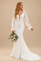 Rutipo Ivory Long Sleeves Cowl Back Mermaid Wedding Dresses