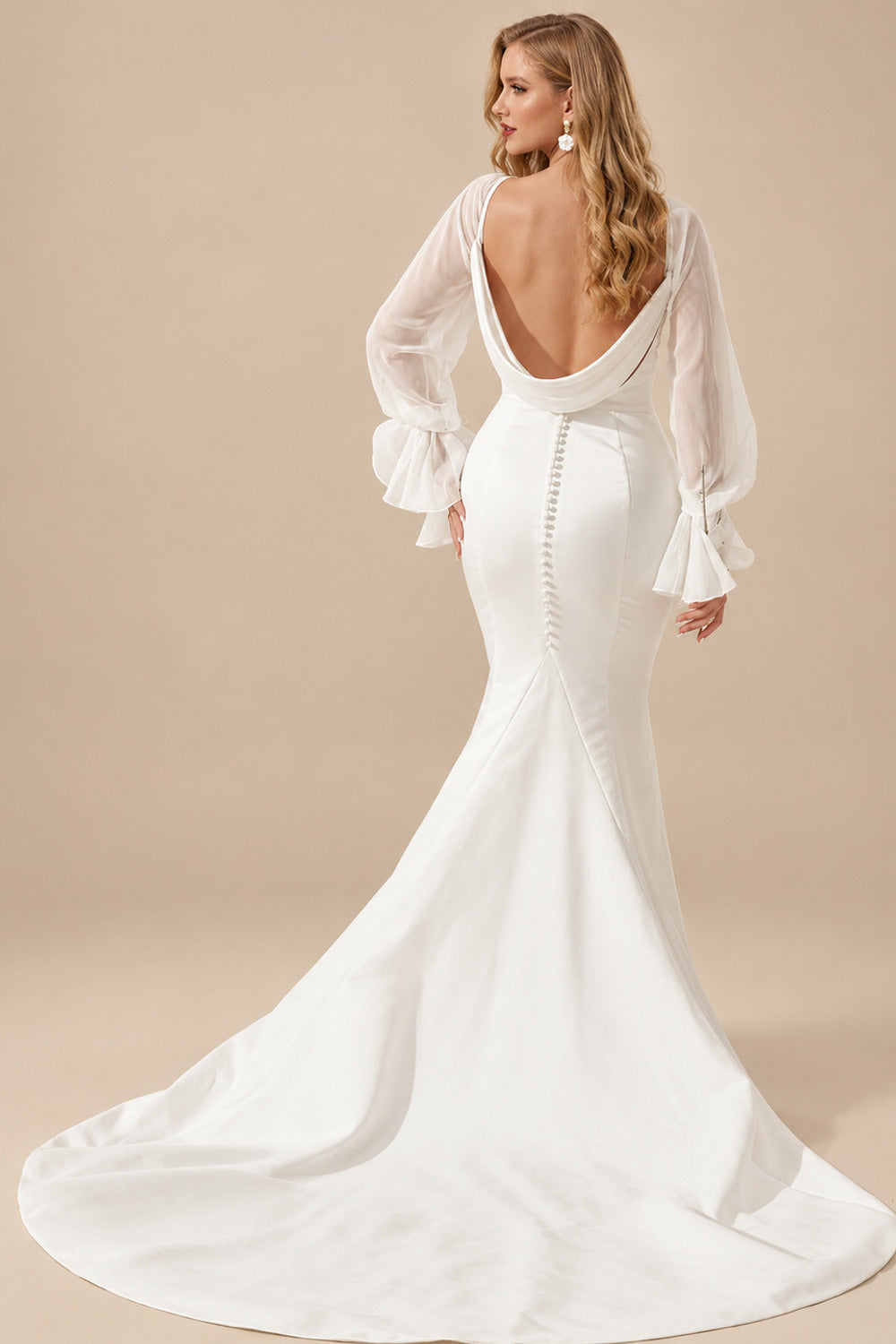 Rutipo Ivory Long Sleeves Cowl Back Mermaid Wedding Dresses