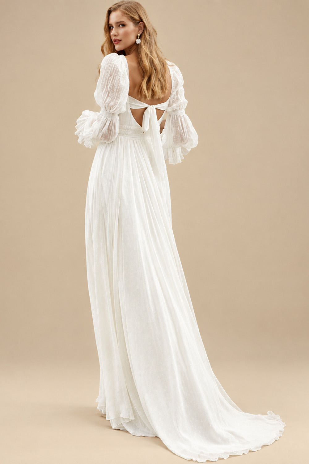 Rutipo Ivory A-Line Square Neckline Long Sleeves Wedding Dress