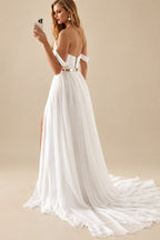 Rutipo Ivory A-Line Sweep Train Off-The-Shoulder Chiffon Wedding Dress