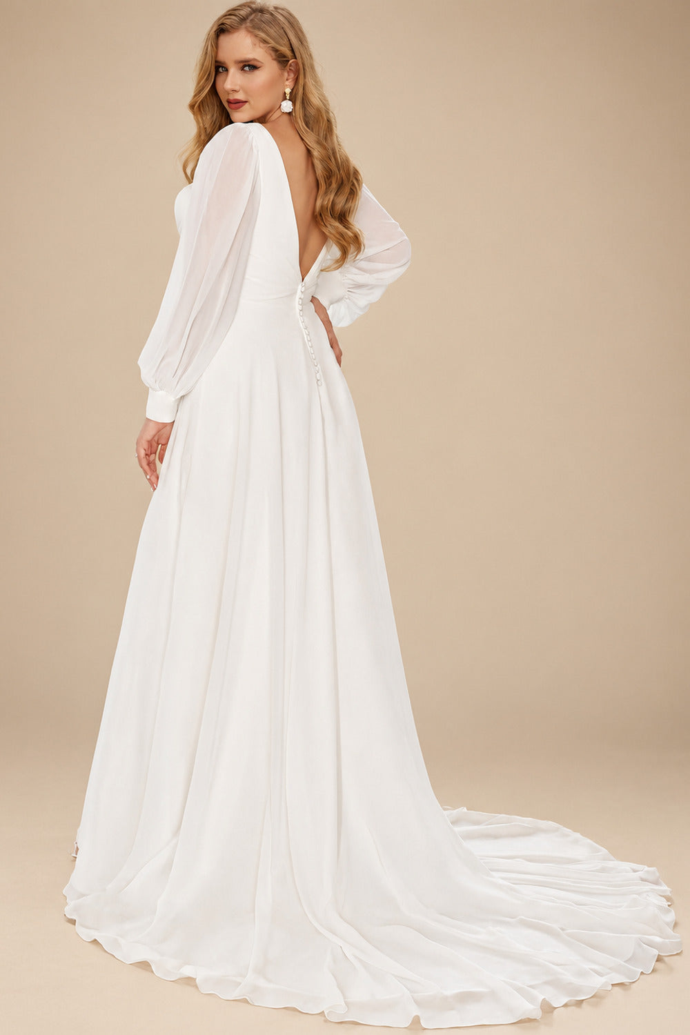 Rutipo Ivory Simple Long Sleeves V-Neck Wedding Dresses