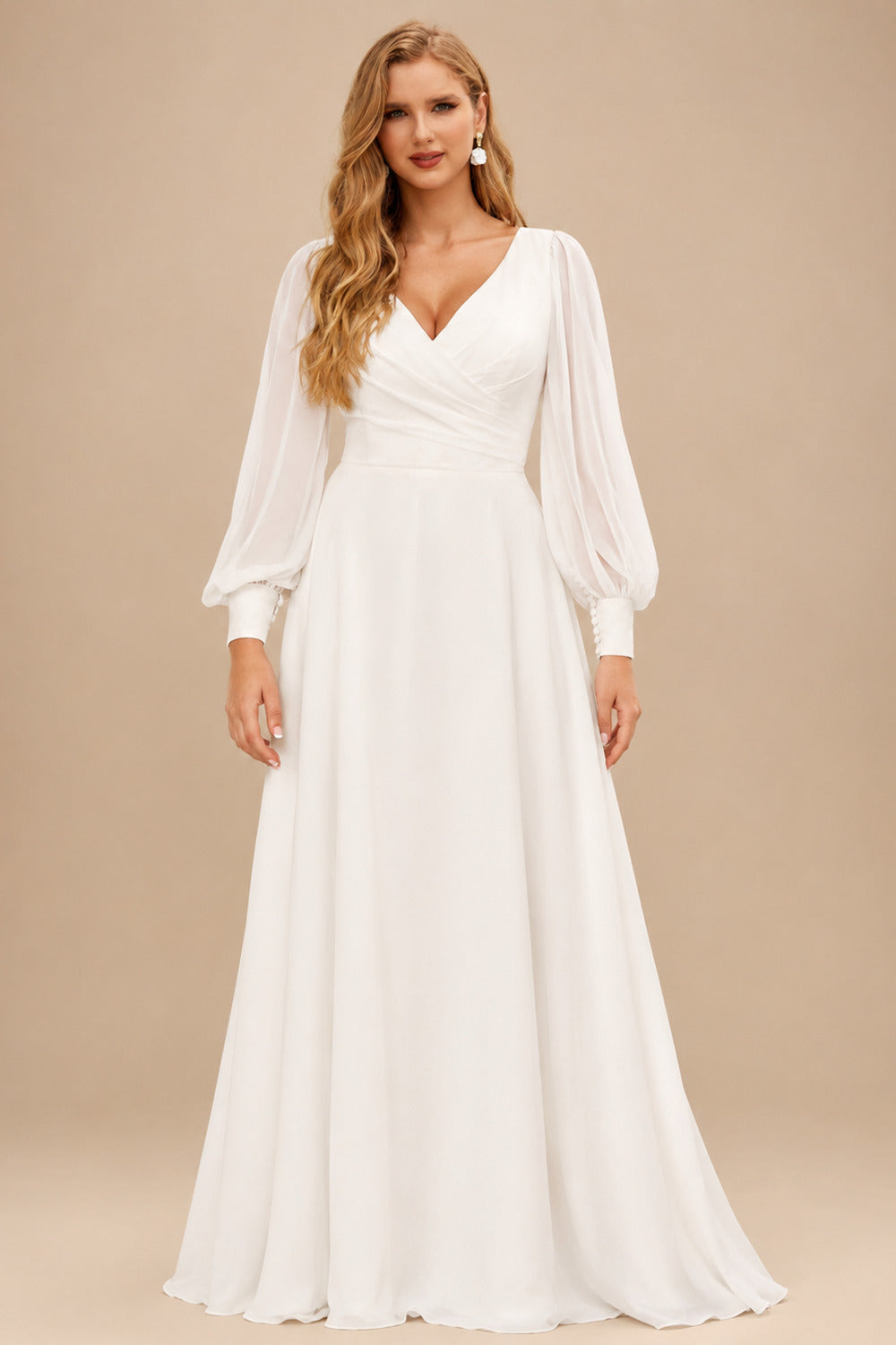 Rutipo Ivory Simple Long Sleeves V-Neck Wedding Dresses