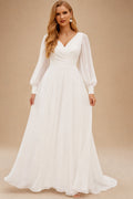 Rutipo Ivory Simple Long Sleeves V-Neck Wedding Dresses