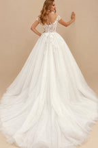Rutipo Ivory Ball-Gown Tulle Lace Short Sleeves Sweep Train Wedding Dresses