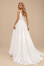 Rutipo Ivory Ball-Gown V-Neck Sleeveless Chapel Train Organza Wedding Dresses With Ruffle