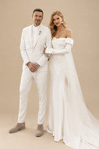 Rutipo Ivory Long Sleeves Silk Like Satin Sweep Train Wedding Dress