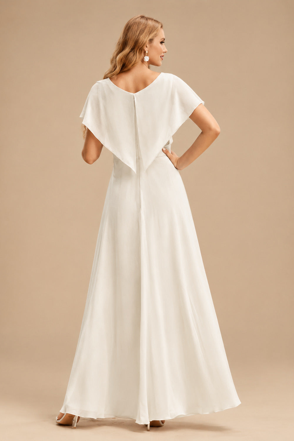 Rutipo Ivory Long Sleeves Silk Like Satin Sweep Train Wedding Dress