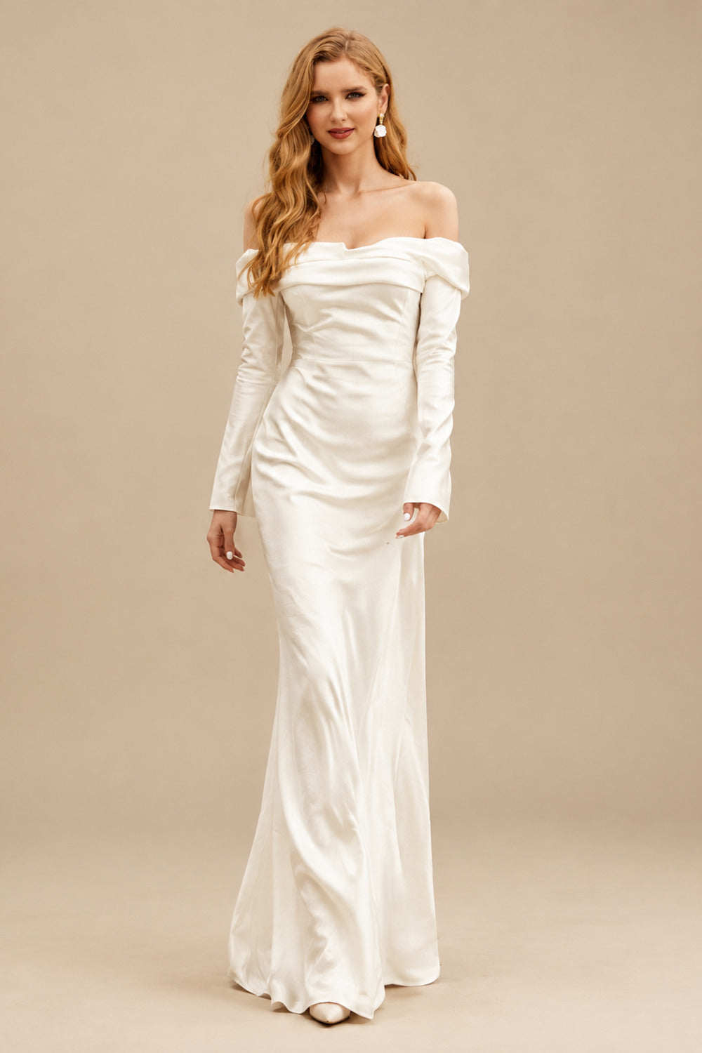 Rutipo Ivory Long Sleeves Silk Like Satin Sweep Train Wedding Dress
