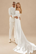Rutipo Ivory Long Sleeves Silk Like Satin Sweep Train Wedding Dress