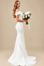 Rutipo Ivory Trumpet/Mermaid Off-The-Shoulder Sleeveless Sweep Train Satin Wedding Dresses