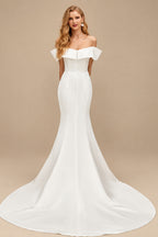 Rutipo Ivory Trumpet/Mermaid Off-The-Shoulder Sleeveless Sweep Train Satin Wedding Dresses