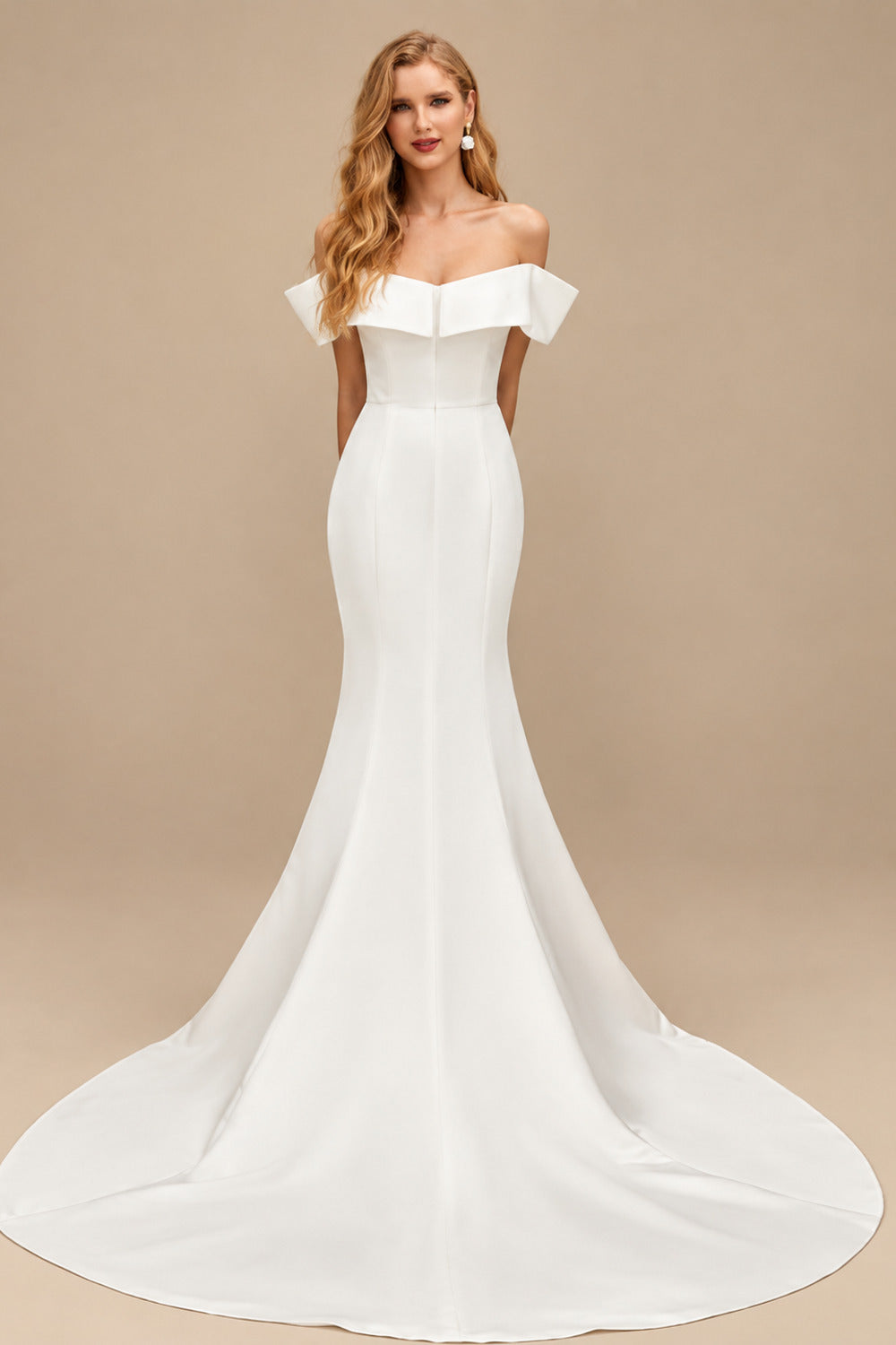 Rutipo Ivory Trumpet/Mermaid Off-The-Shoulder Sleeveless Sweep Train Satin Wedding Dresses