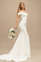 Rutipo Ivory Trumpet/Mermaid Off-The-Shoulder Sleeveless Sweep Train Satin Wedding Dresses