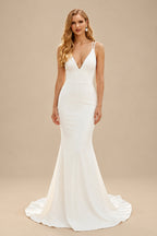 Rutipo Ivory Sexy Low Back Mermaid Wedding Dresses With Deep V-Neck