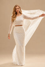 Rutipo Ivory Sheath/Column Sequined Long Sleeves Scoop Neck Wedding Dress