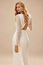 Rutipo Ivory Sheath/Column Sequined Long Sleeves Scoop Neck Wedding Dress