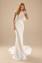Rutipo Ivory 2Pcs Mermaid Scoop Neck Short sleeves Wedding Dress