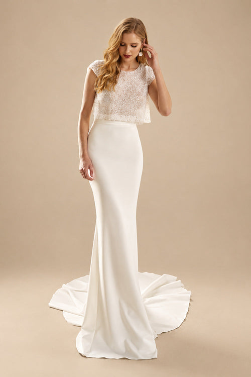 Rutipo Ivory 2Pcs Mermaid Scoop Neck Short sleeves Wedding Dress