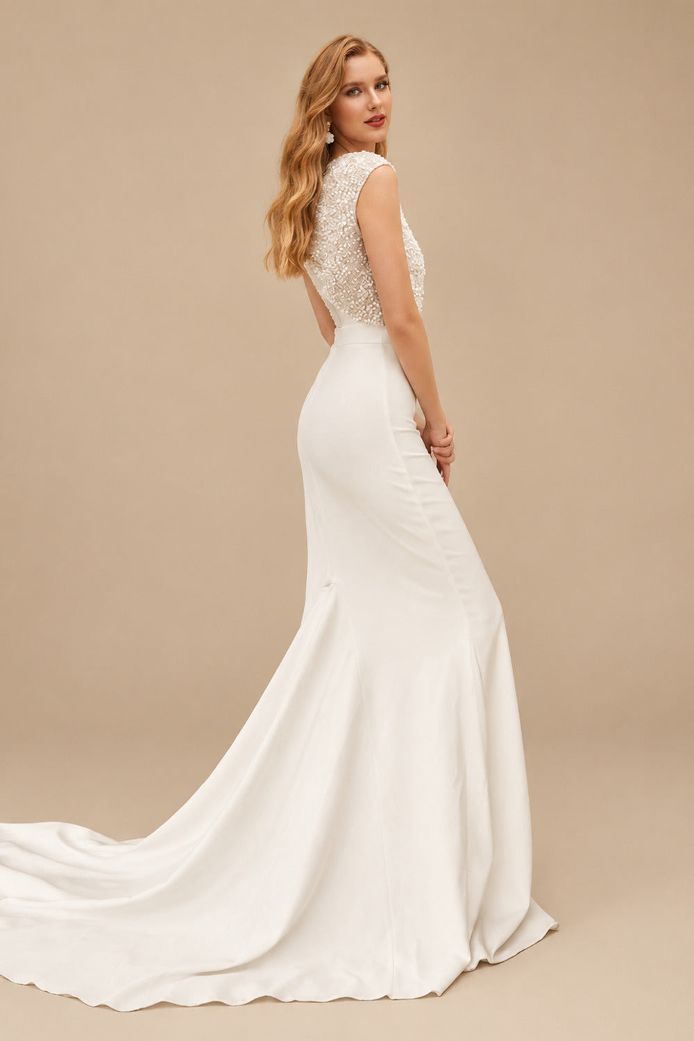 Rutipo Ivory 2Pcs Mermaid Scoop Neck Short sleeves Wedding Dress