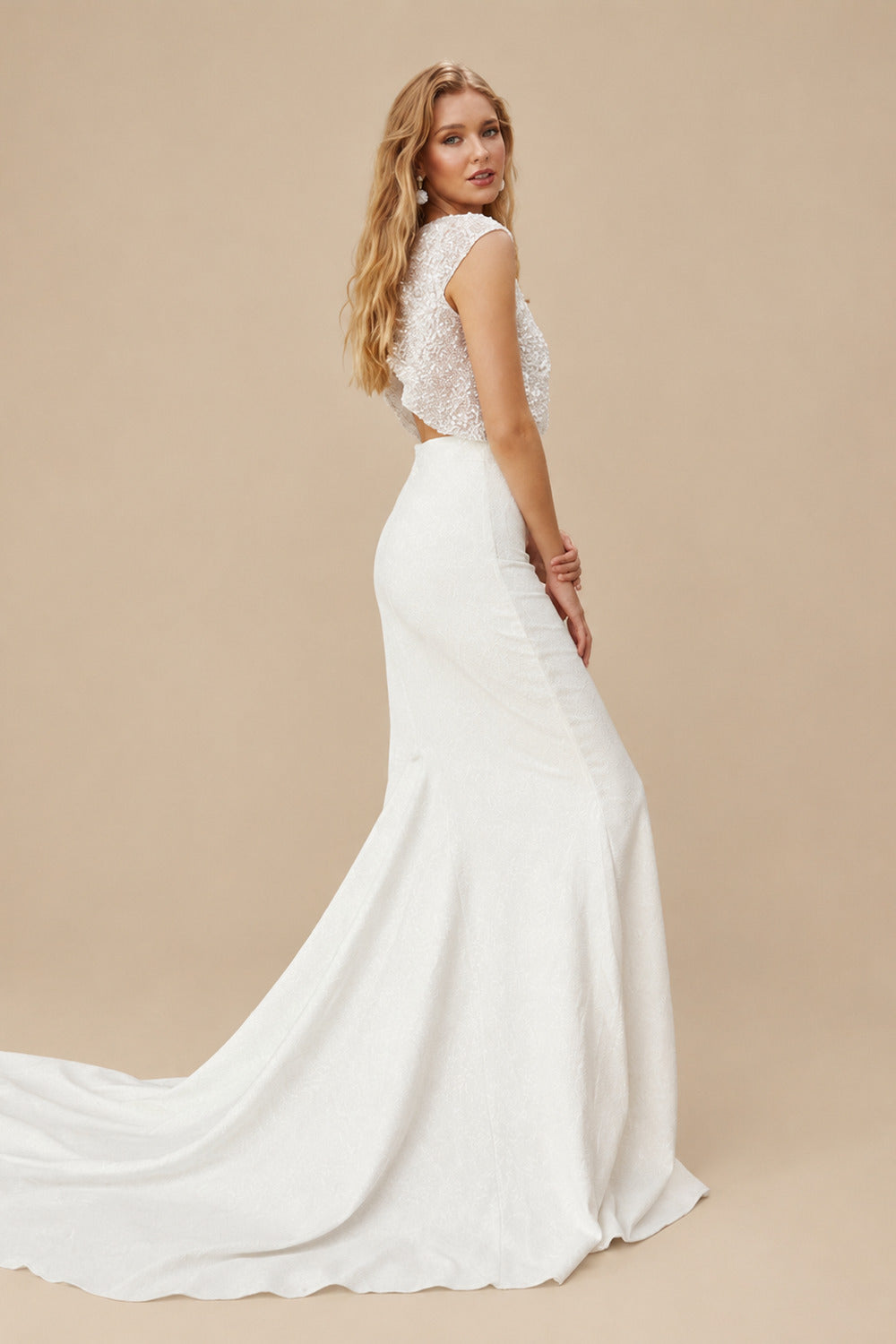 Rutipo Ivory 2Pcs Mermaid Scoop Neck Short sleeves Wedding Dress