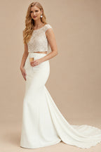 Rutipo Ivory 2Pcs Mermaid Scoop Neck Short sleeves Wedding Dress