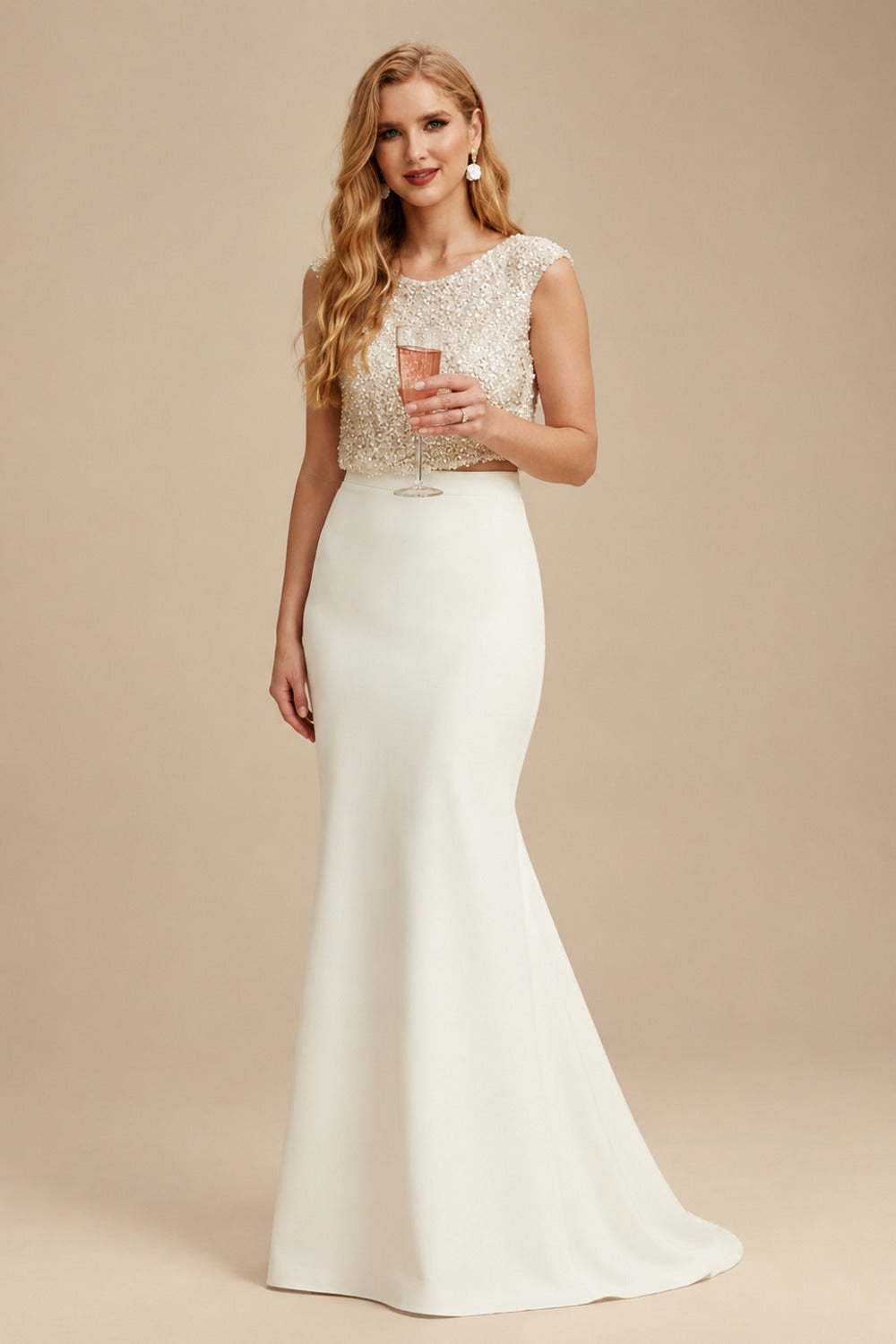 Rutipo Ivory 2Pcs Mermaid Scoop Neck Short sleeves Wedding Dress