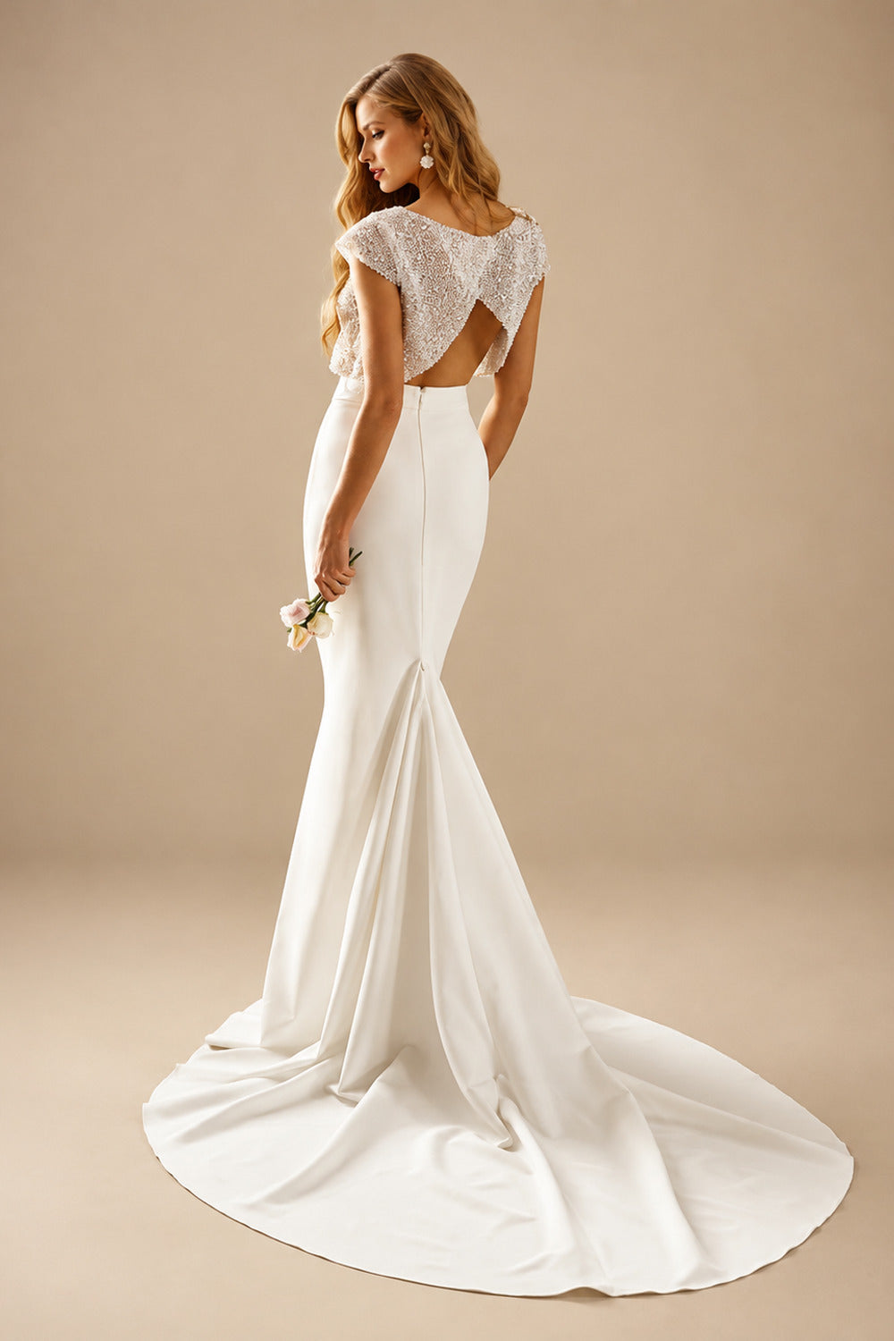 Rutipo Ivory 2Pcs Mermaid Scoop Neck Short sleeves Wedding Dress