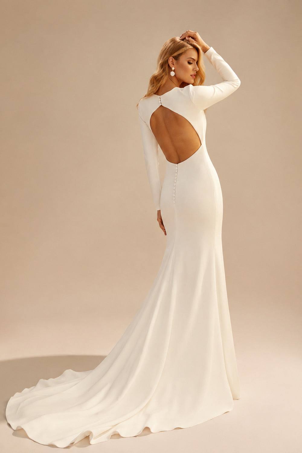 Rutipo Ivory Mermaid Long Sleeves Elastic Satin Wedding Dress