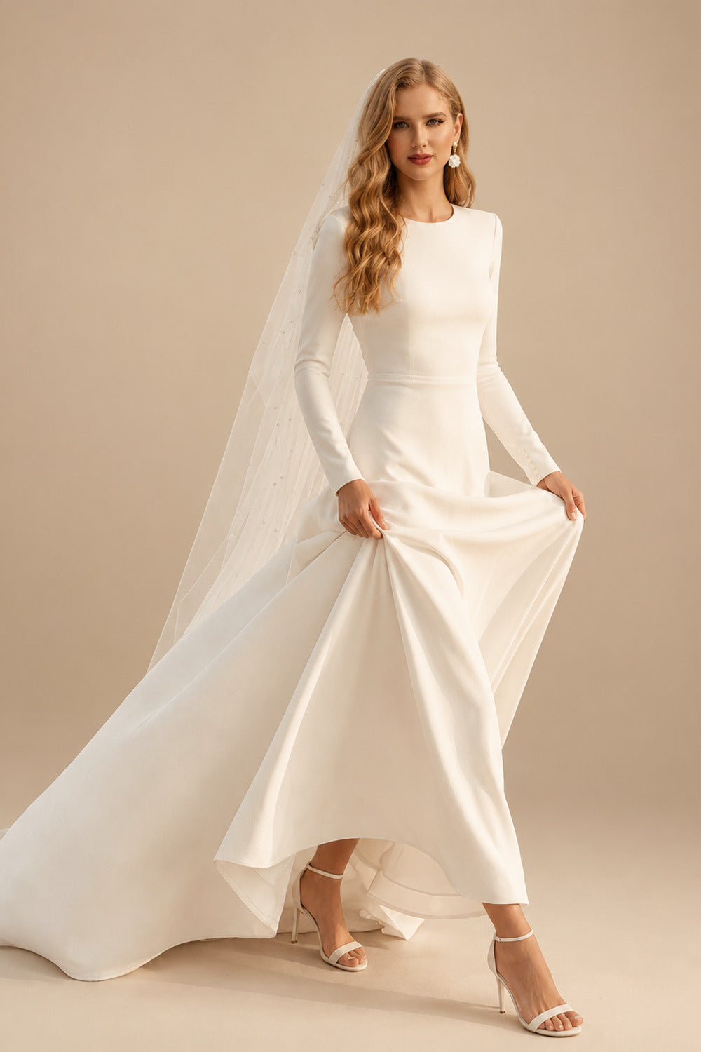 Rutipo Ivory Mermaid Long Sleeves Elastic Satin Wedding Dress