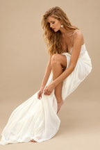 Rutipo Ivory Modern A Line Tied Back Silk Like Satin Wedding Dress