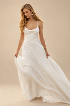 Rutipo Ivory Modern A Line Tied Back Silk Like Satin Wedding Dress