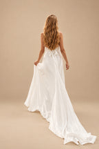 Rutipo Ivory Modern A Line Tied Back Silk Like Satin Wedding Dress