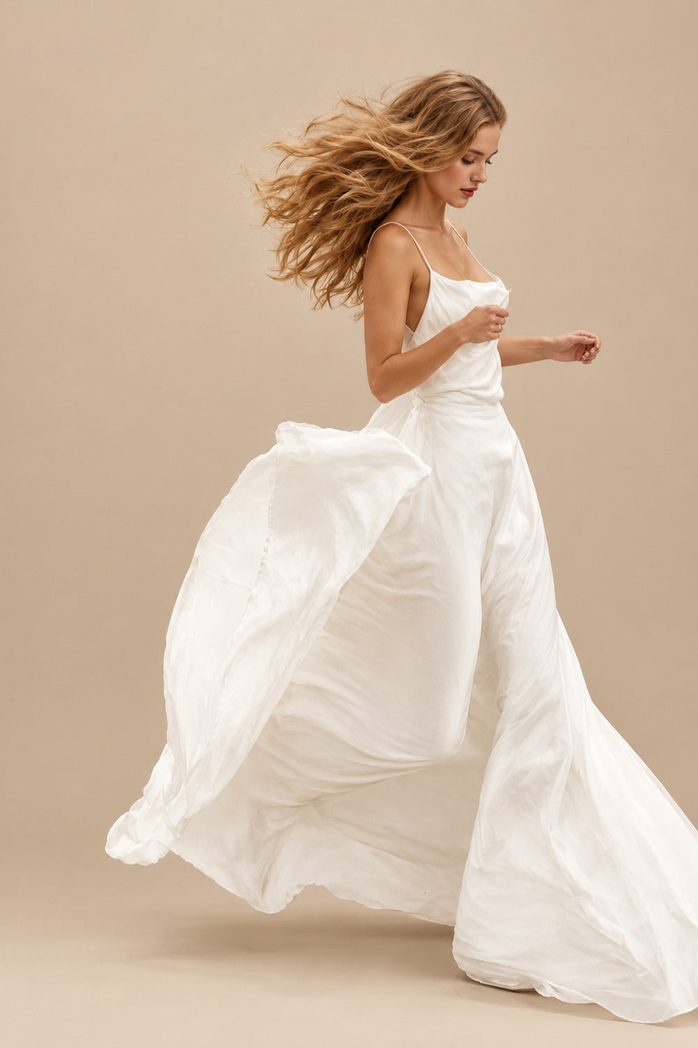 Rutipo Ivory Modern A Line Tied Back Silk Like Satin Wedding Dress