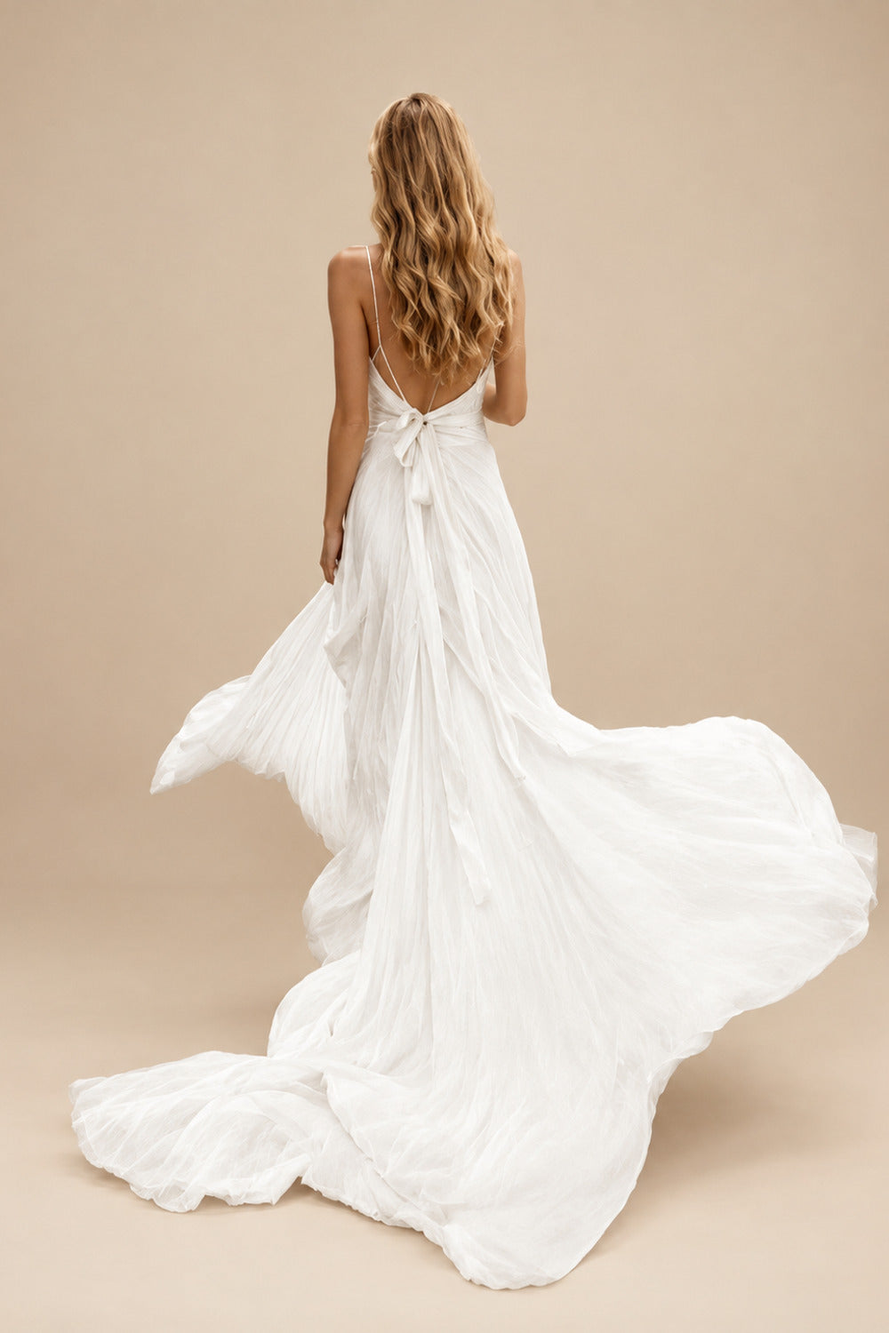 Rutipo Ivory Modern A Line Tied Back Silk Like Satin Wedding Dress