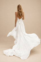Rutipo Ivory Modern A Line Tied Back Silk Like Satin Wedding Dress
