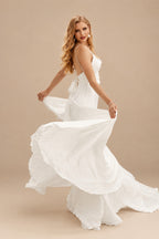 Rutipo Ivory Modern A Line Tied Back Silk Like Satin Wedding Dress