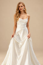 Rutipo Ivory Modern A Line Tied Back Silk Like Satin Wedding Dress