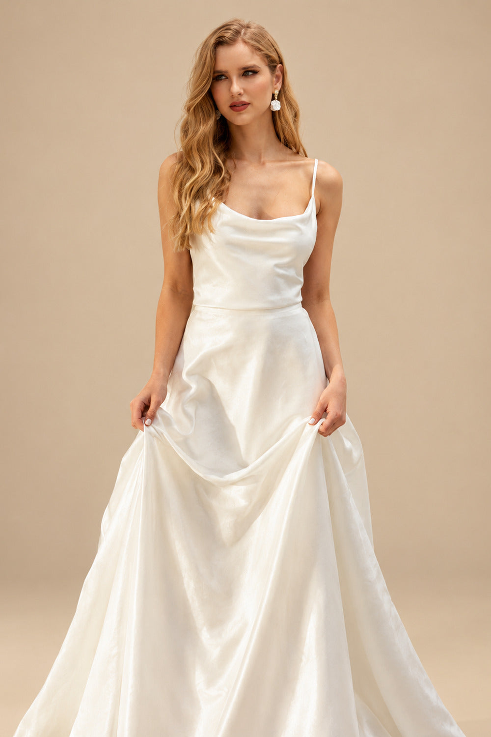Rutipo Ivory Modern A Line Tied Back Silk Like Satin Wedding Dress